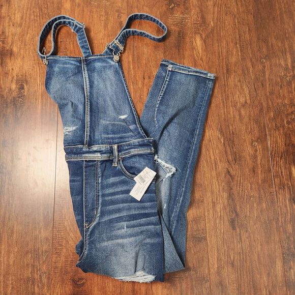 American Eagle Overall Womens Jegging Dark Wash Stretch Distressed Size 14 Short - Picture 4 of 7